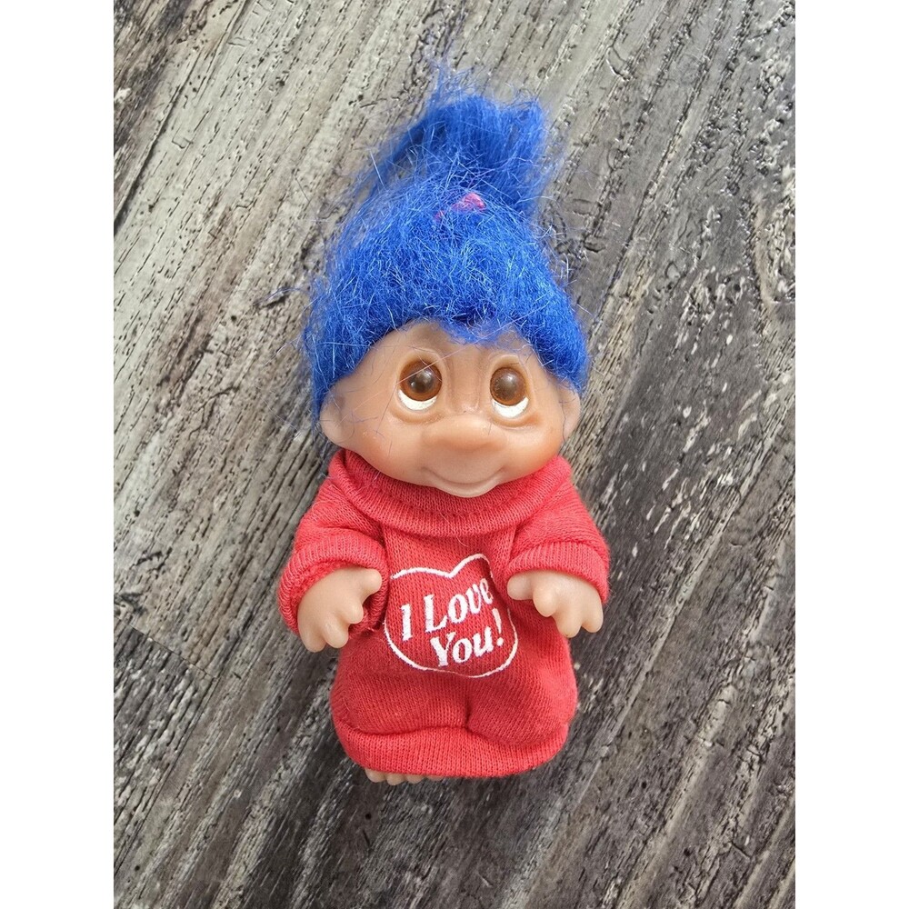 Vintage DAM Troll Doll 4" Blue Hair Red "I Love You" Sweater Outfit 1983